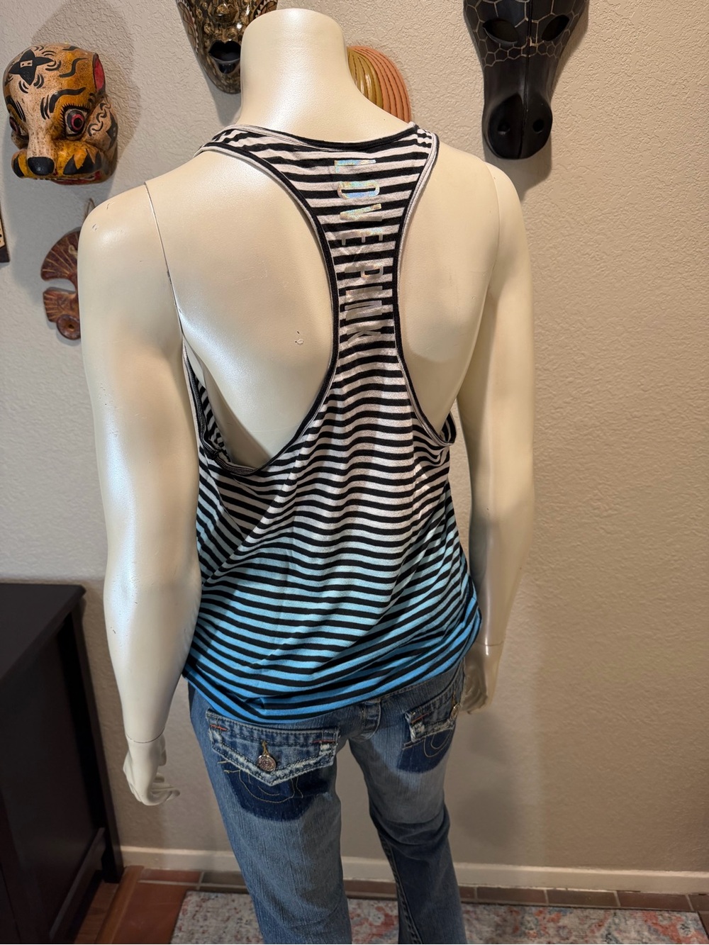 Y2K Victoria's Secret Black, White & Blue Striped Racerback Tank